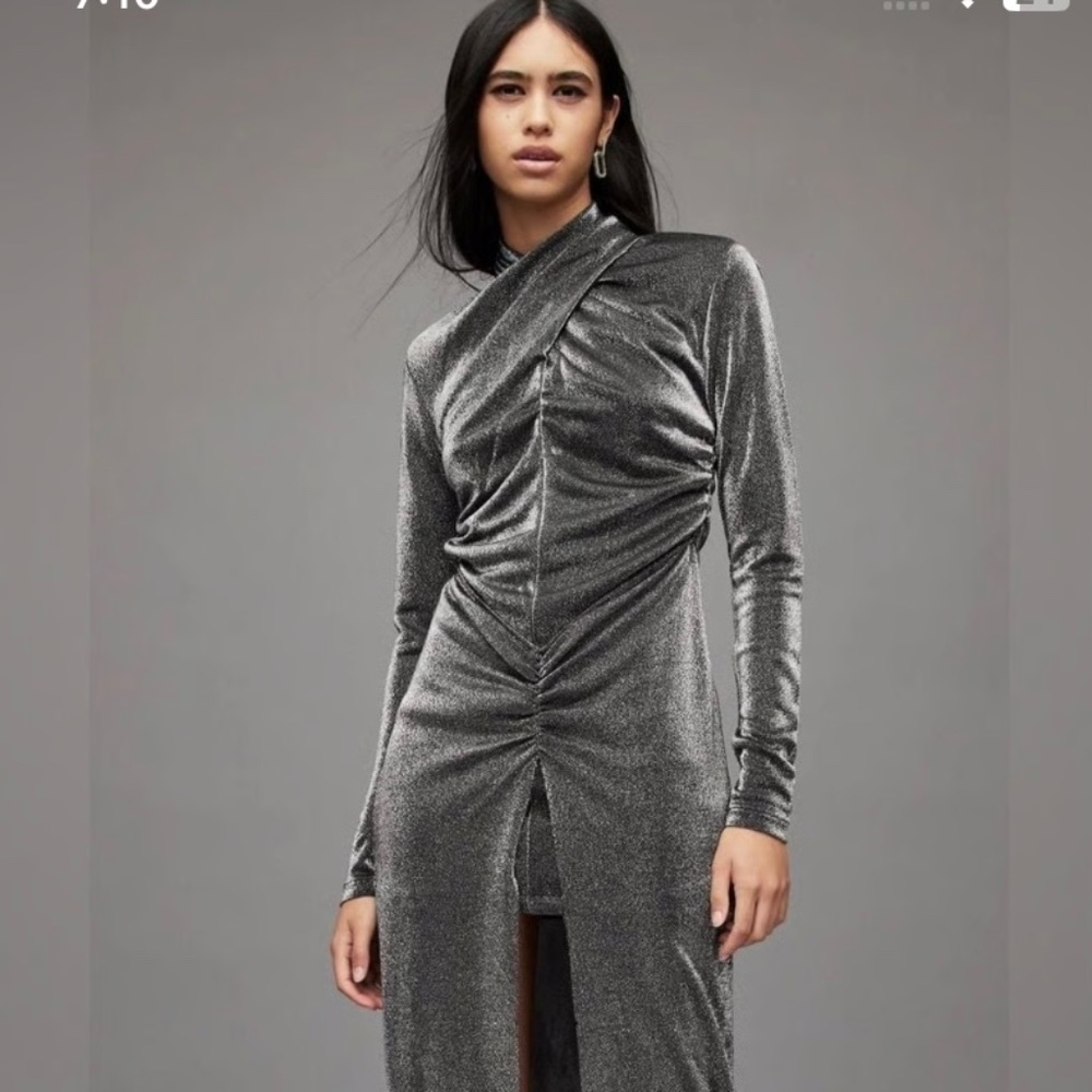 Allsaints Ala Silver Metallic wrap shiny midi asymmetrical dress gra